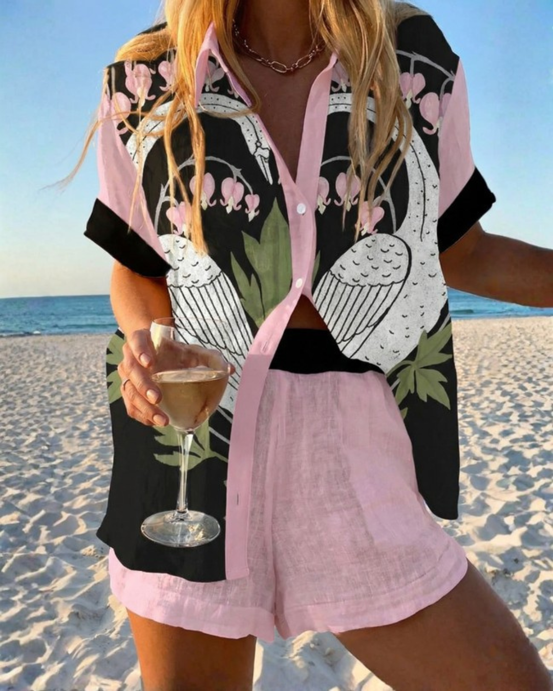 Elysia | Elegant summer set in soft pink and deep black tones