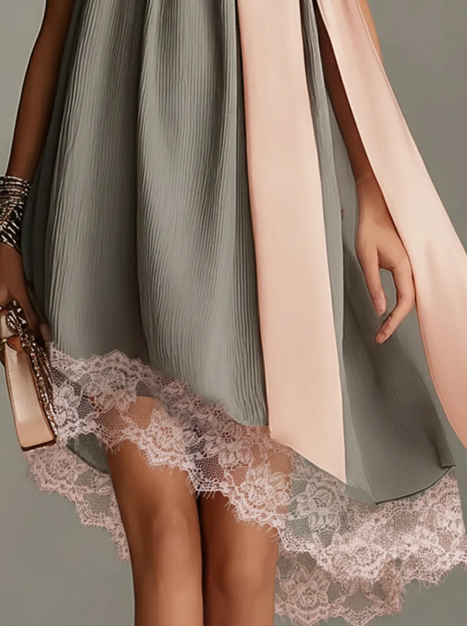 Beatrice | Mini-robe grise en satin avec nœud rose et volant