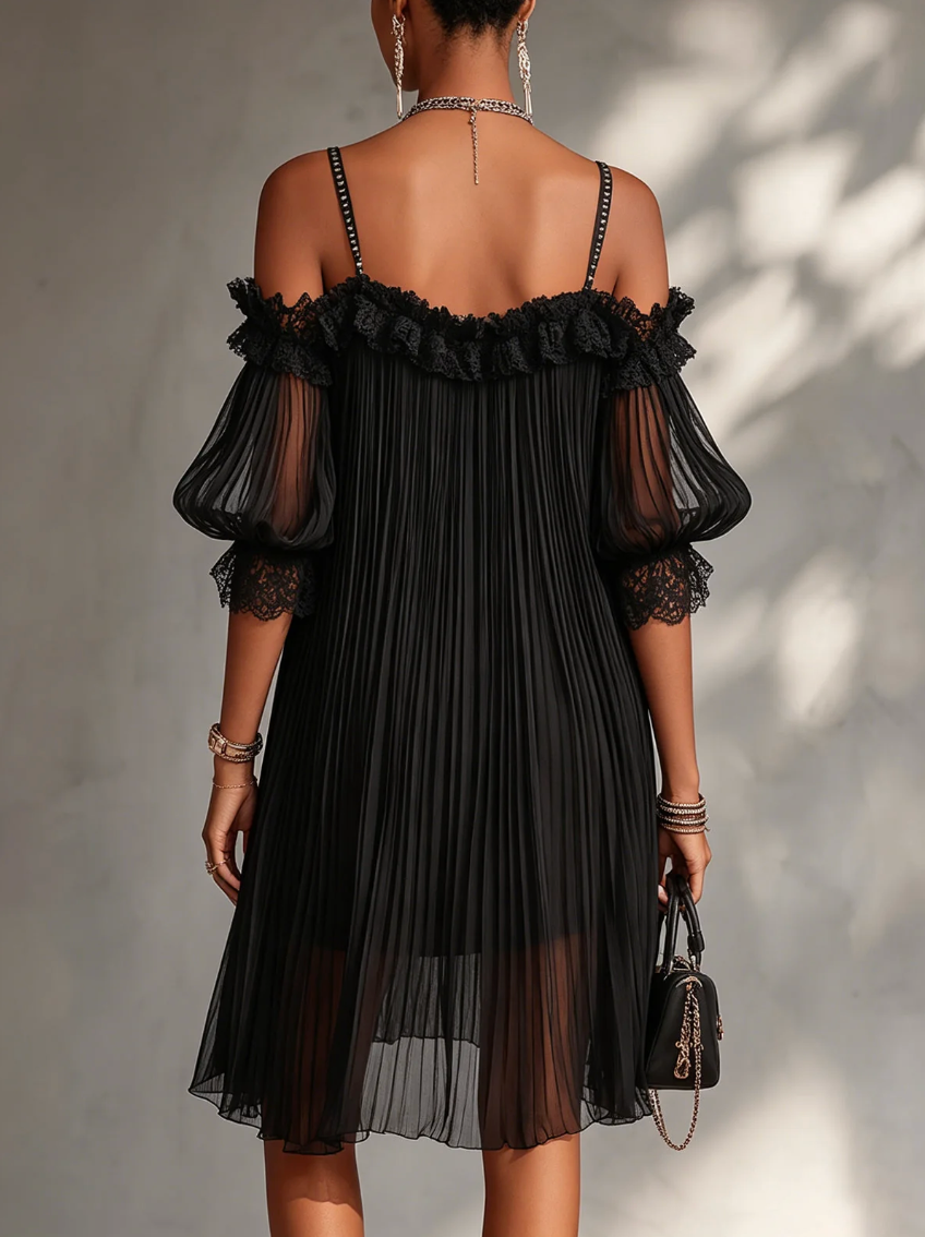 Victoria | Off-the-Shoulder Chiffon Mini Dress with Lace Trim