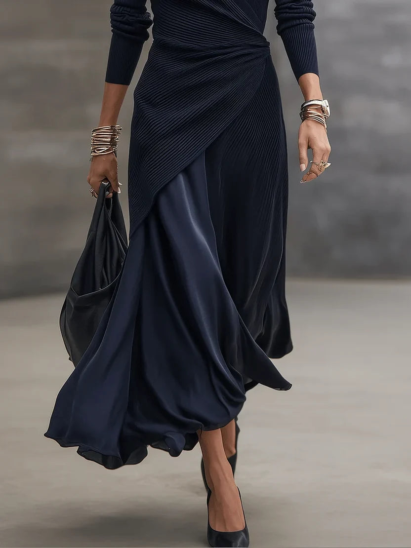 Margarita | Robe longue portefeuille asymétrique en maille côtelée et satin