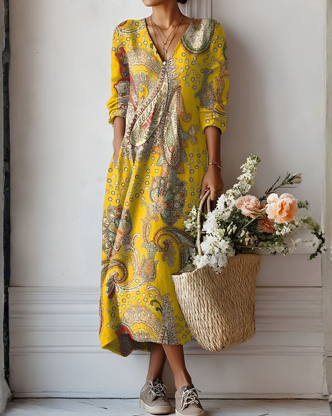 Celia | Robe midi fluide jaune à imprimé cachemire élégant