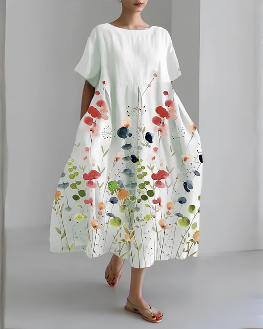 Beatriz | Robe midi fluide blanche à imprimé floral délicat