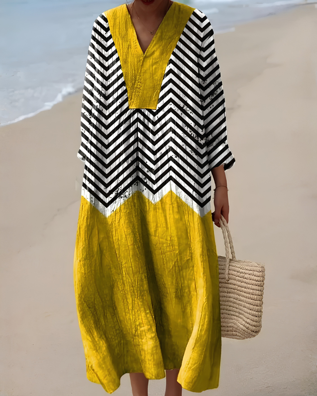 Naira | Robe midi fluide jaune à imprimé géométrique moderne