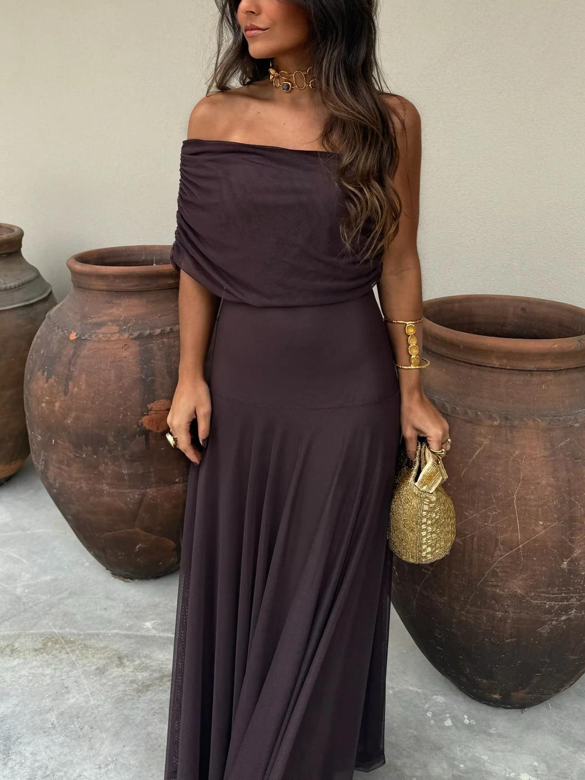 Alessia | Robe fluide à encolure Bardot
