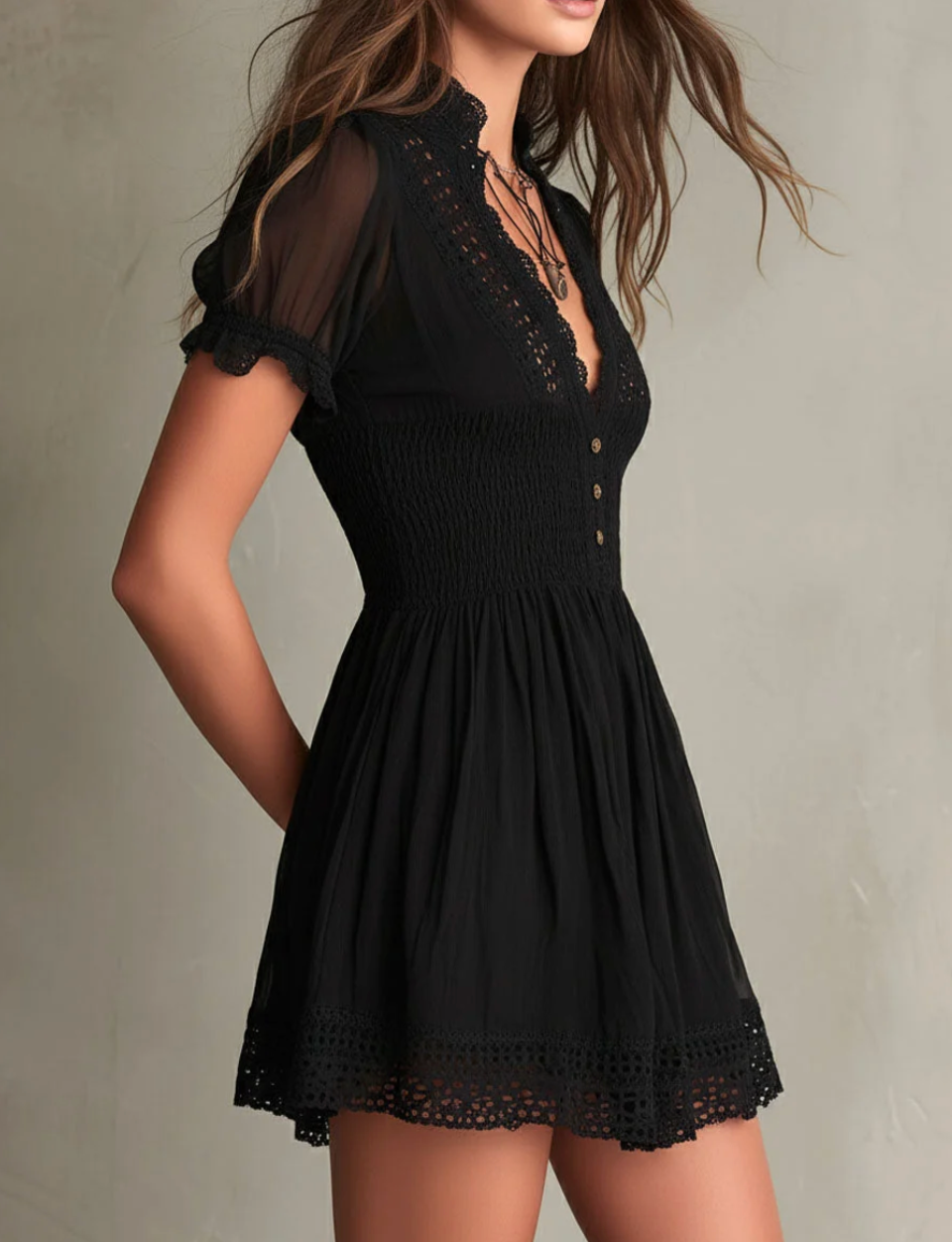 Elena | Black V-Neck Mini Dress with Openwork Edging
