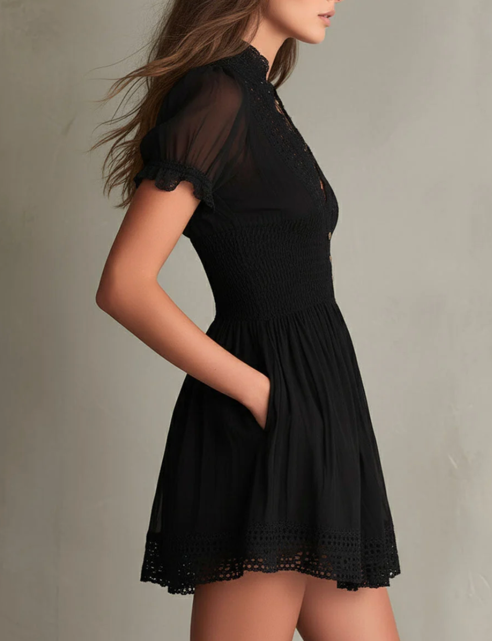 Elena | Black V-Neck Mini Dress with Openwork Edging