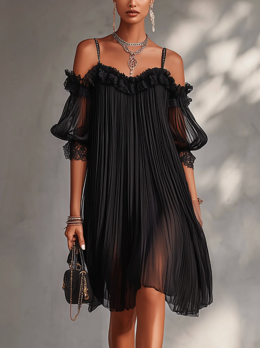 Victoria | Off-the-Shoulder Chiffon Mini Dress with Lace Trim