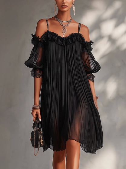 Victoria | Off-the-Shoulder Chiffon Mini Dress with Lace Trim