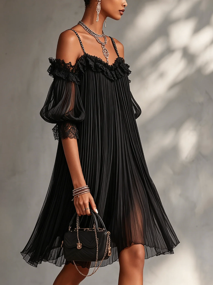 Victoria | Off-the-Shoulder Chiffon Mini Dress with Lace Trim