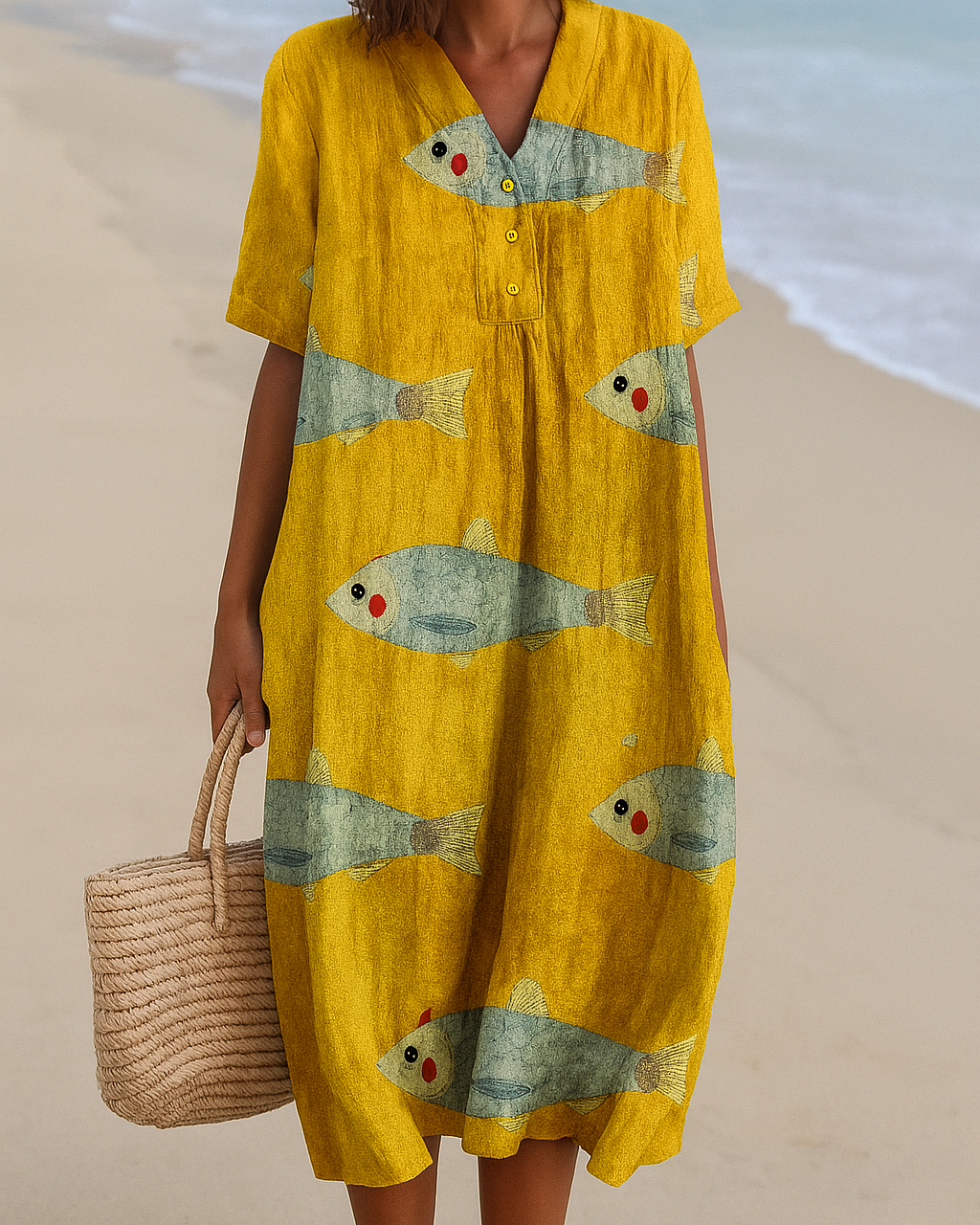 Sol | Robe midi fluide à motif poissons et décolleté en V