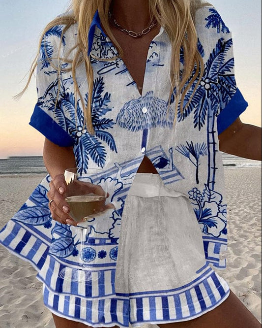 Jimena | Ensemble estival blanc et bleu à motif tropical