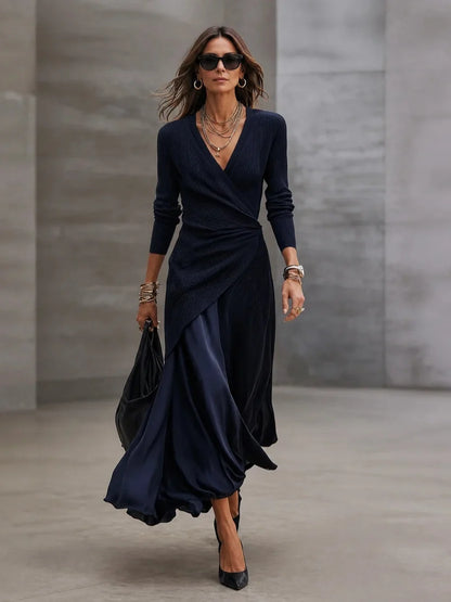 Margarita | Robe longue portefeuille asymétrique en maille côtelée et satin