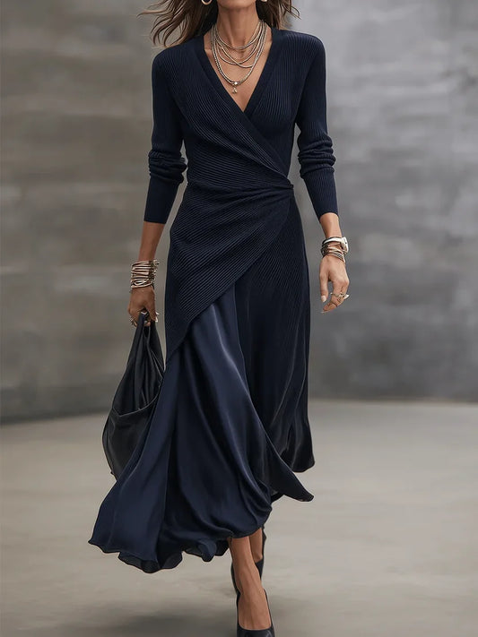 Margarita | Robe longue portefeuille asymétrique en maille côtelée et satin