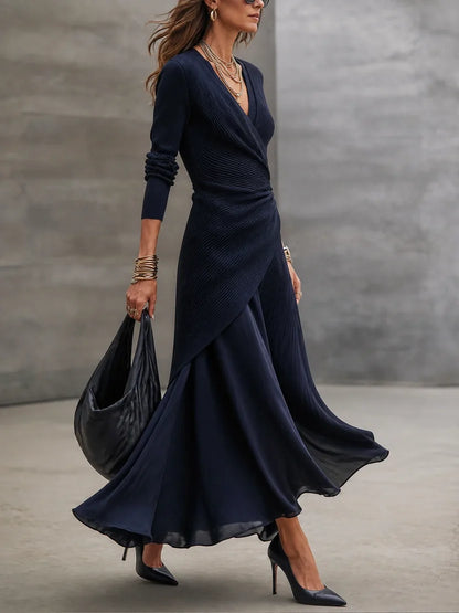 Margarita | Robe longue portefeuille asymétrique en maille côtelée et satin