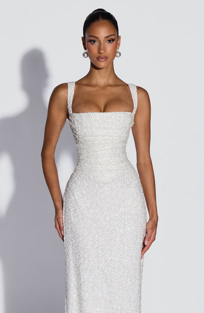 Nayara | Robe longue blanche avec ivoire brillant