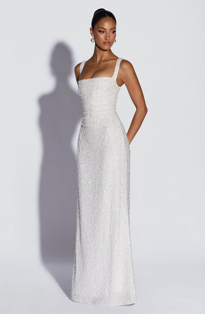 Nayara | Robe longue blanche avec ivoire brillant
