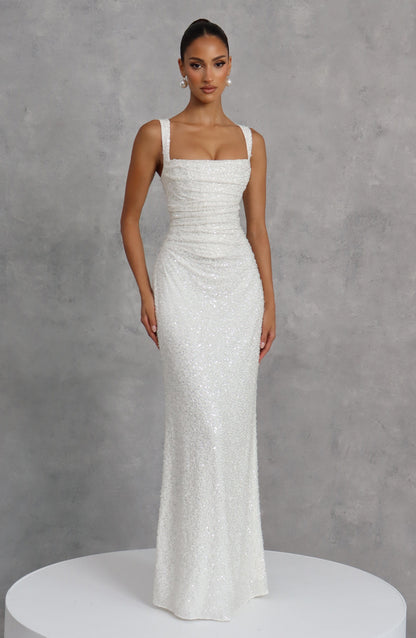 Nayara | Robe longue blanche avec ivoire brillant