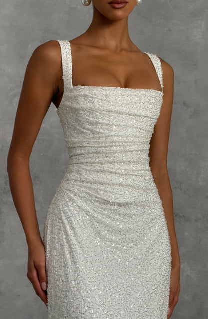 Nayara | Robe longue blanche avec ivoire brillant